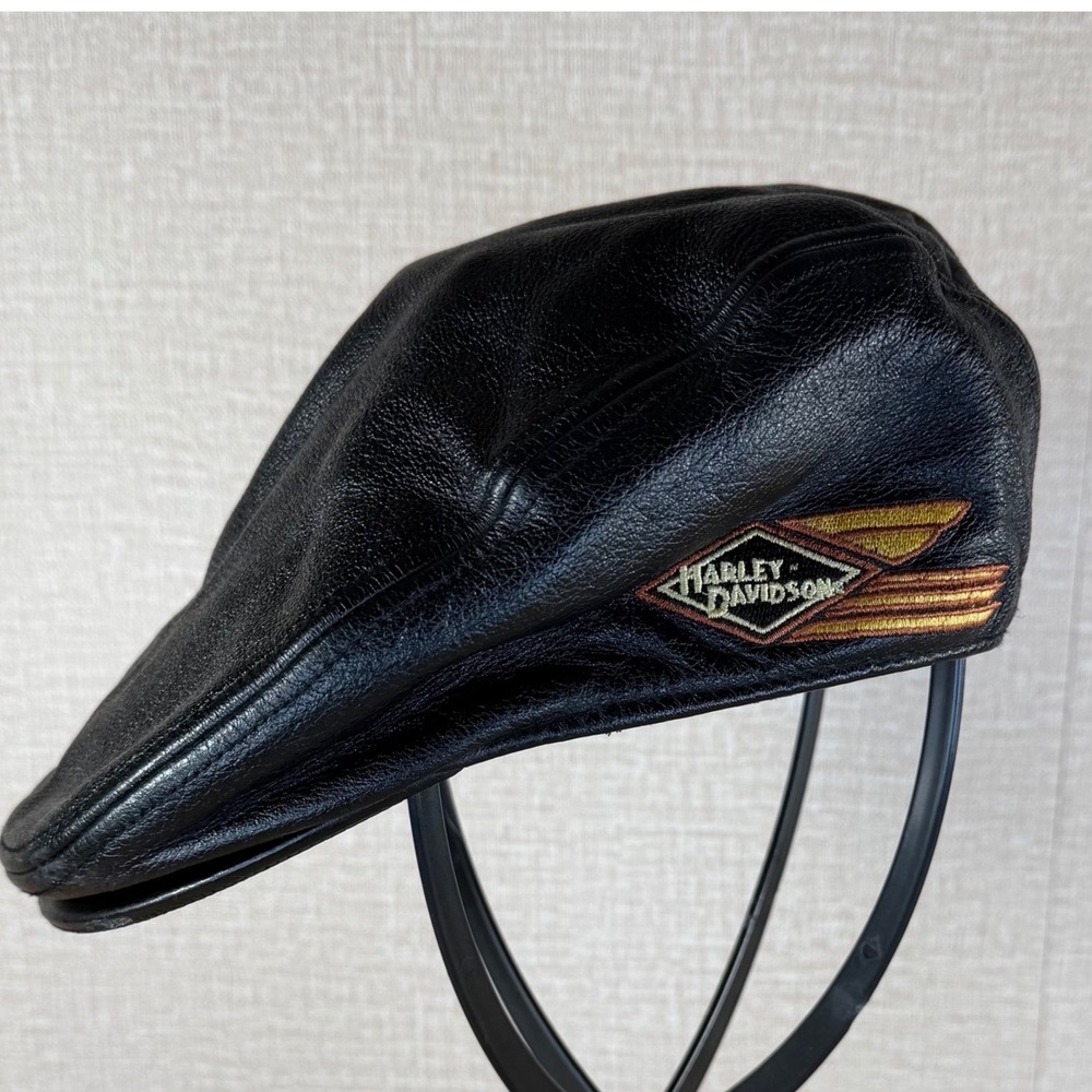 Harley Davidson Genuine Leather Ivy Cap S/M Black Embroidered Biker Newsboy Hat